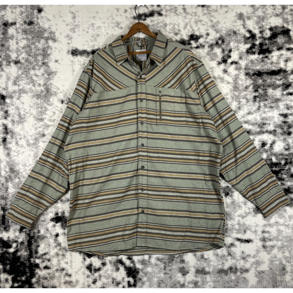 Ascend Flannel Shirt Mens Size 2XLT Green Zip Pocket Striped Outdoors Gorp